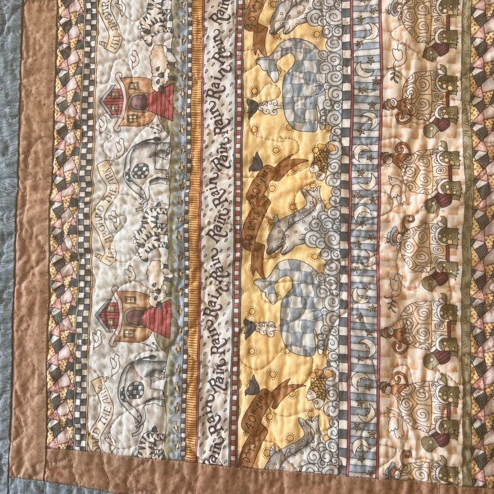 Noahs Ark Baby Quilt Blanket Animals Blue Brown Nursery Crib Bedding 25x38